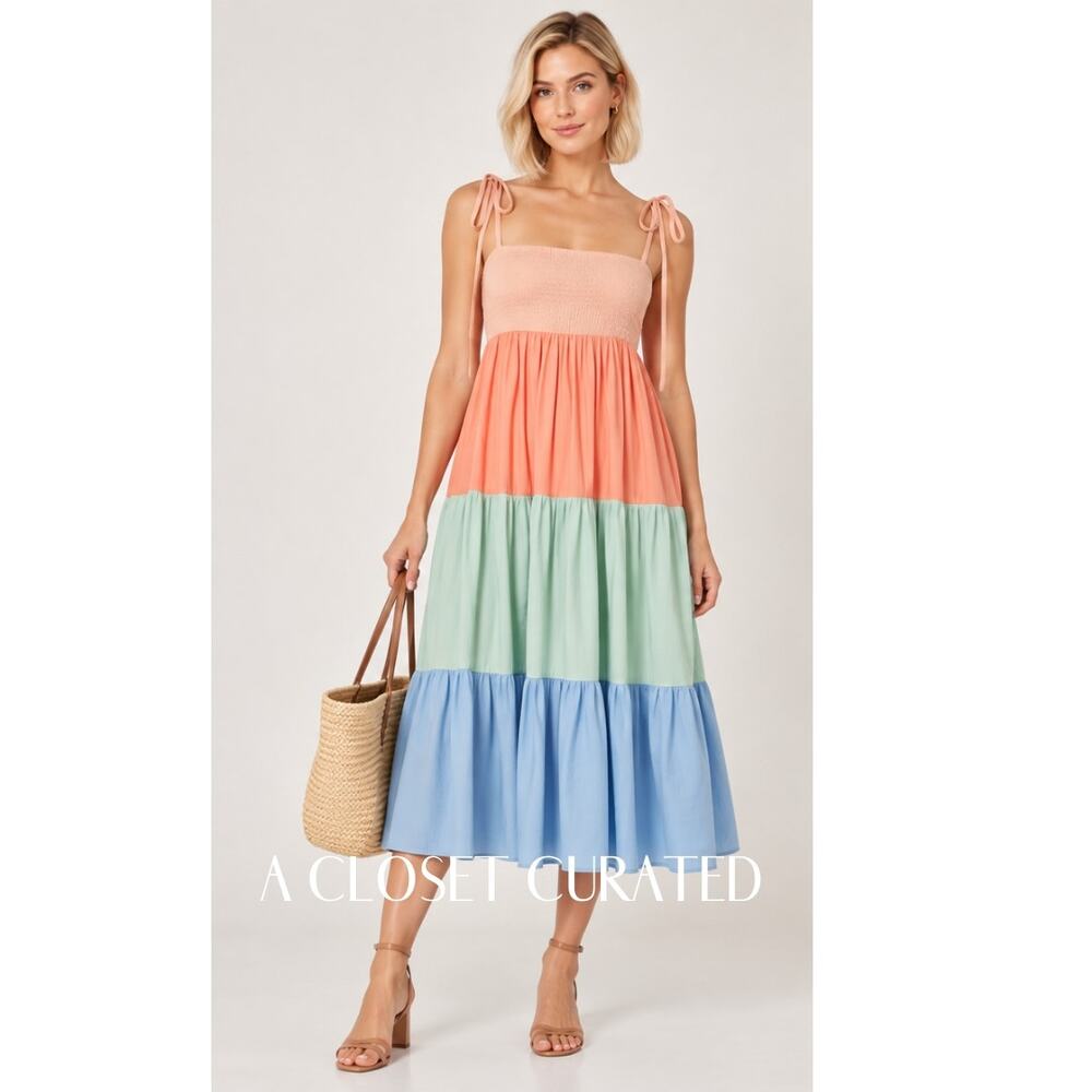 Paper London Laura Cotton Maxi Dress 2 Pastel Colorblock NWT